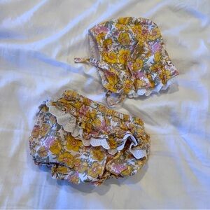 Floral Baby Bonnet and Bloomers Set - Yellow Pink Spring Ruffle 6-9mo 100%cotton